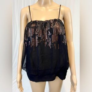 Hype Black Silk Tank With Black & Bronze Sequins
Size: L
Fabric: 100% Black Silk